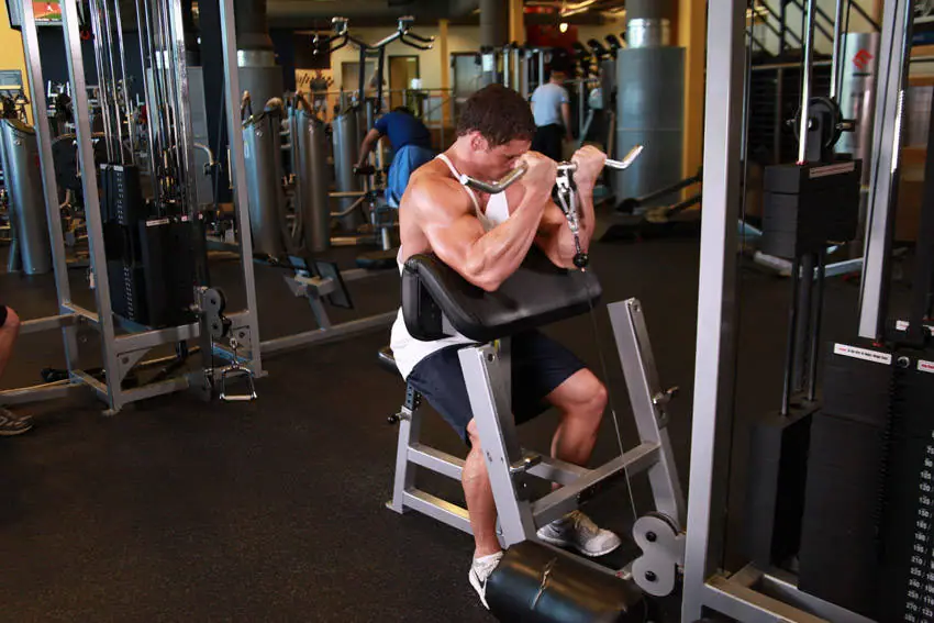 Cable Preacher Curl — posisi akhir
