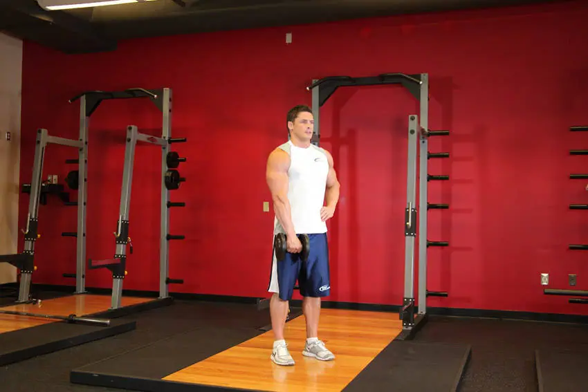 Dumbbell One-Arm Upright Row — posisi akhir