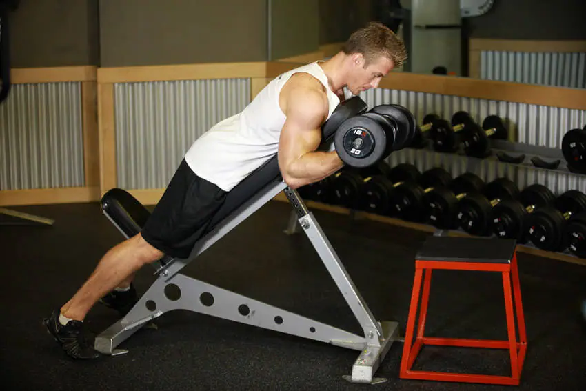 Dumbbell Prone Incline Curl — posisi awal