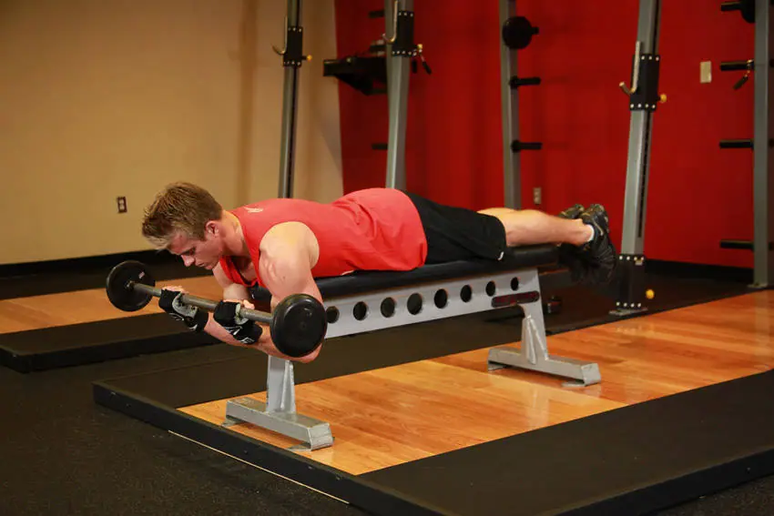 Lying High Bench Barbell Curl — posisi akhir