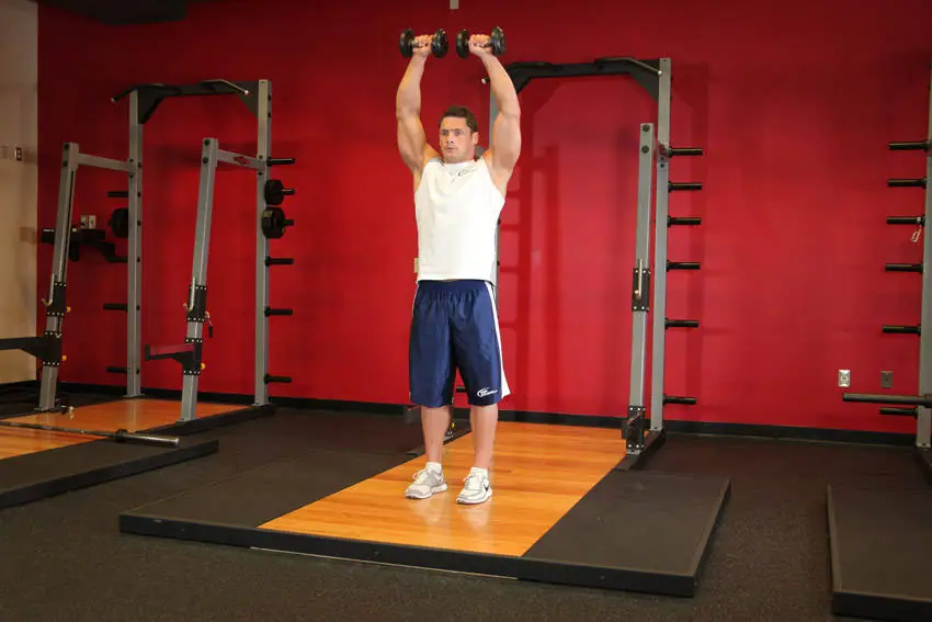 Standing Dumbbell Straight-Arm Front Delt Raise Above Head — posisi akhir