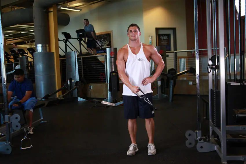 Standing Low-Pulley Deltoid Raise — posisi akhir