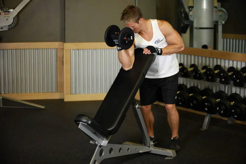 Standing One-Arm Dumbbell Curl Over Incline Bench — posisi akhir
